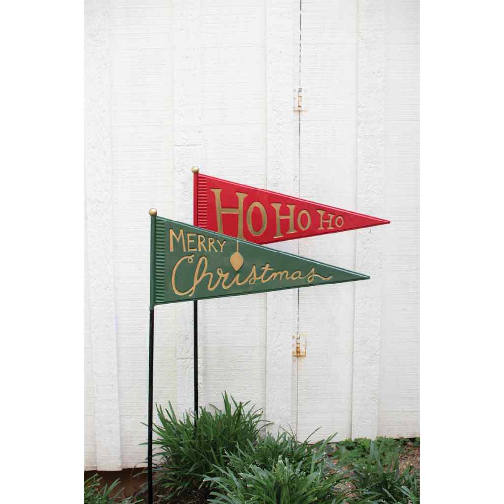 Set 2 Painted Metal Christmas Pennants Yrd Stakes- One Each Multi