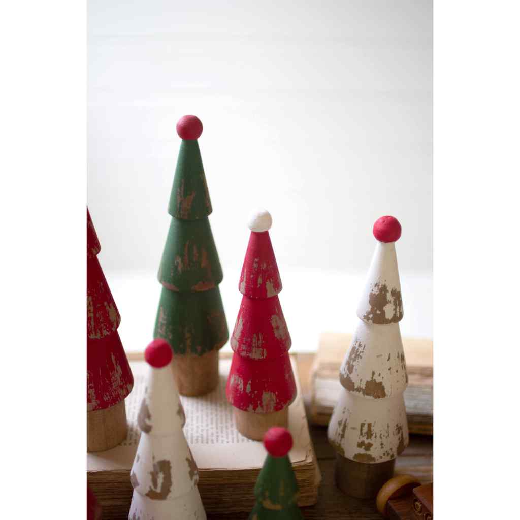 Set Of Nine Turned Wood Painted Christmas Trees Multi