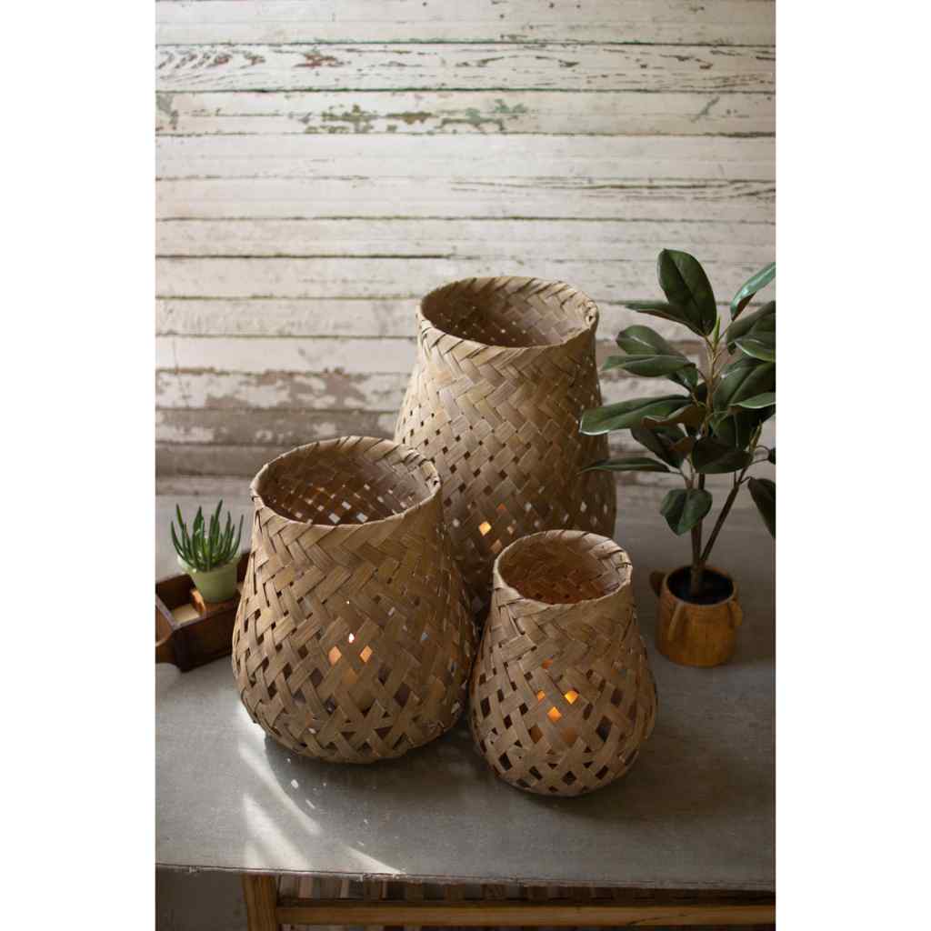 Set Of Three Woven Basket Lanterns With Glass Tan