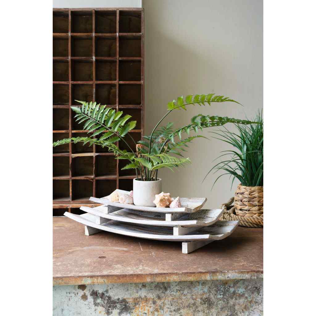 Set Of Three Rectangle Curved Wooden Bowls White