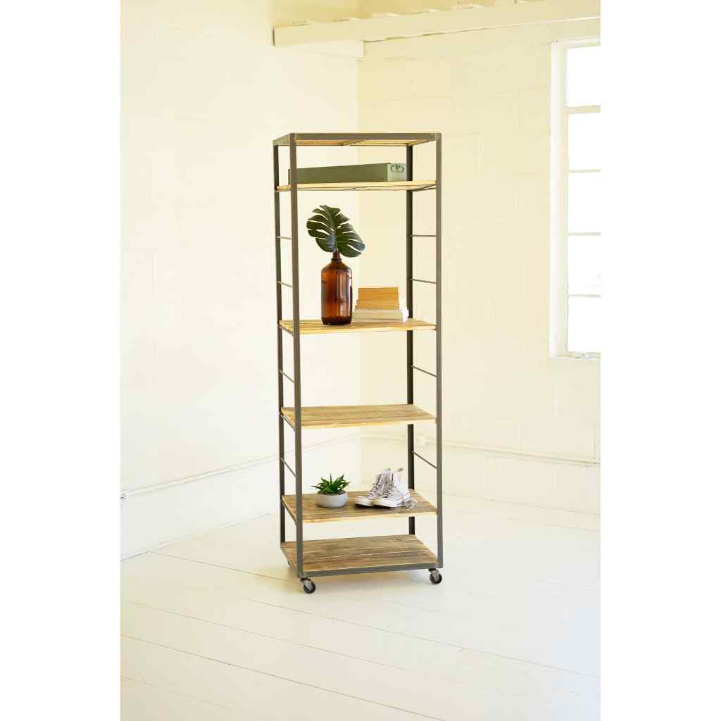 Tall Shelving Unit With Adjustable Recycled Wood Shelves Gray