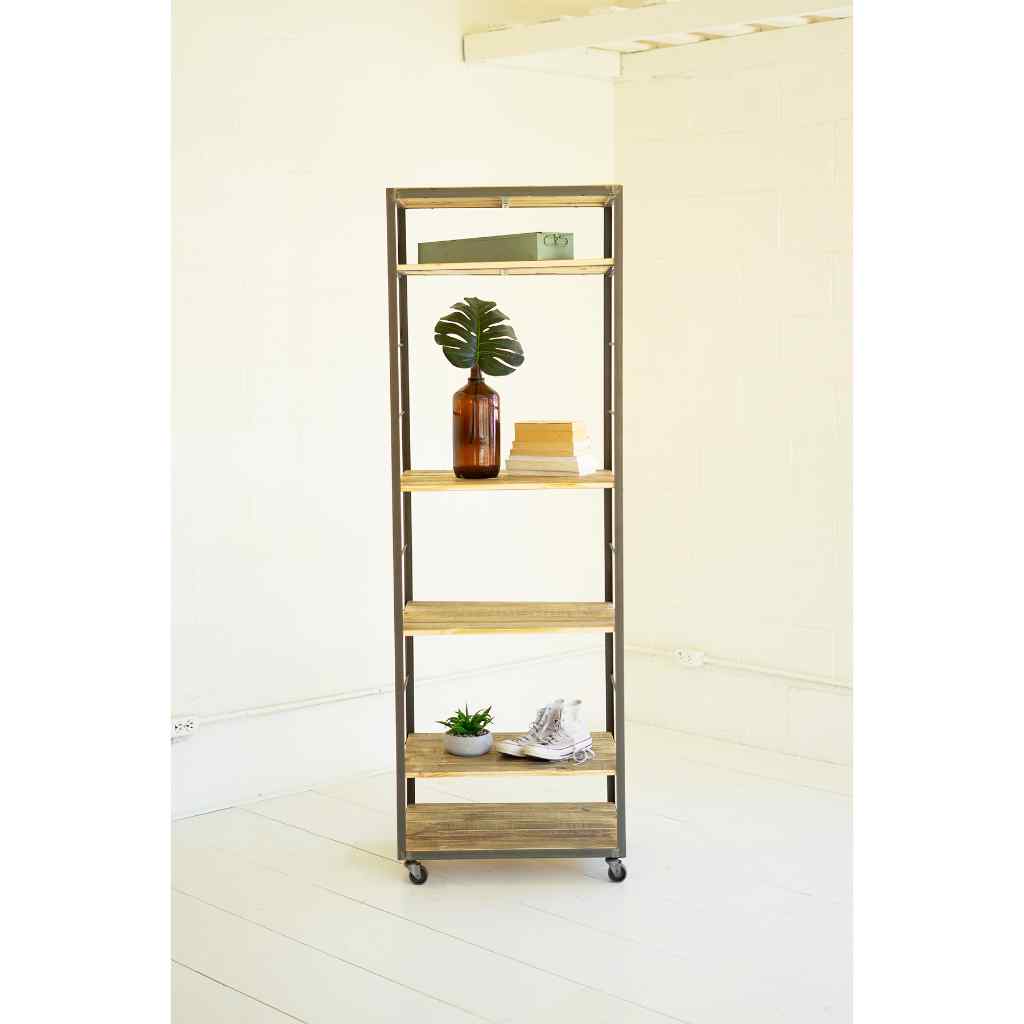 Tall Shelving Unit With Adjustable Recycled Wood Shelves Gray