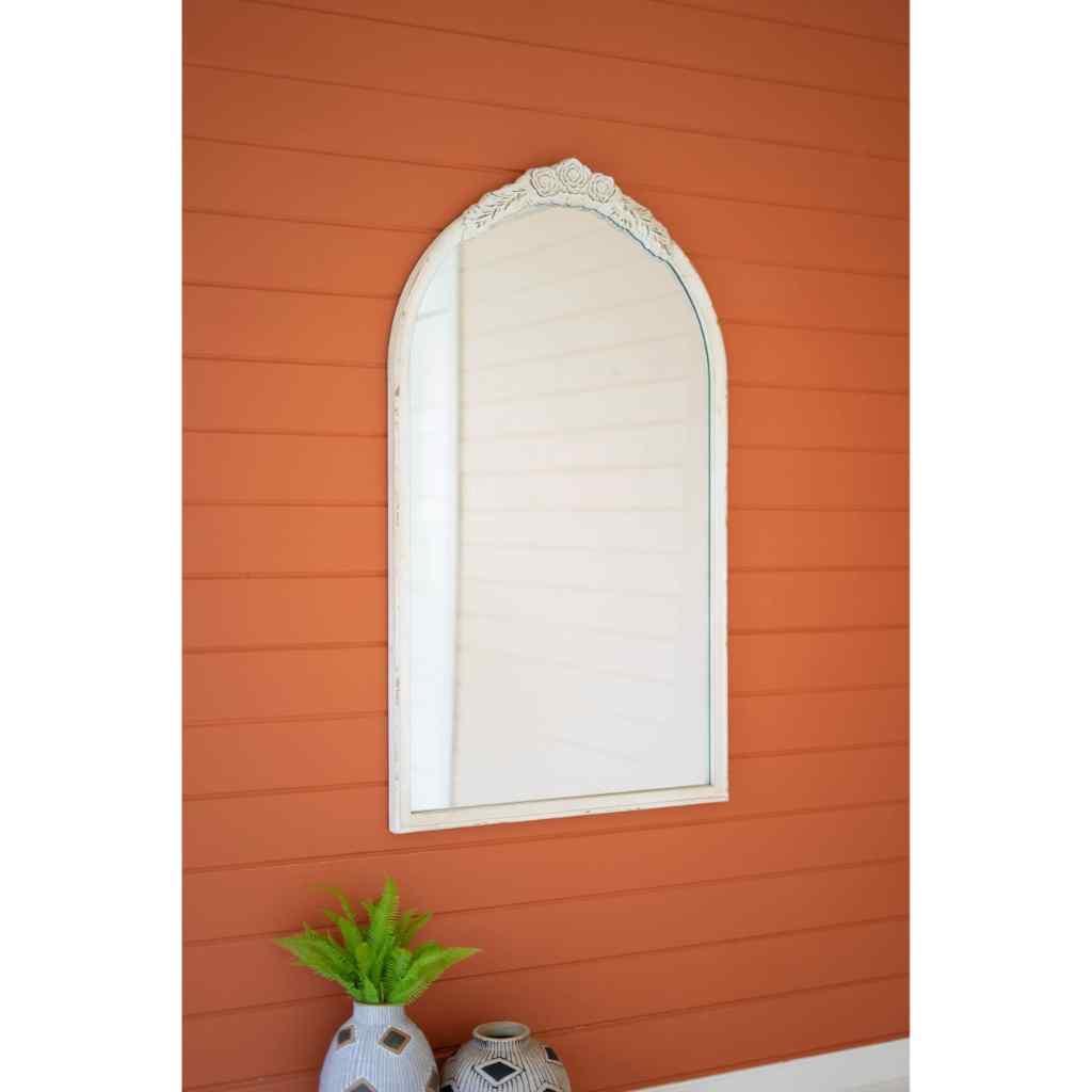 Large Arched Wood Framed Mirror With Carved Detail White