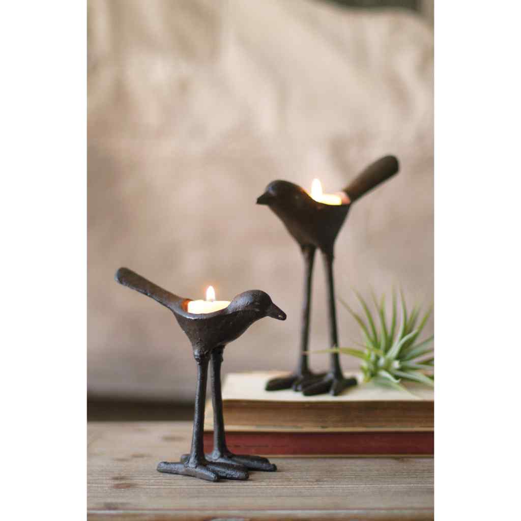 Set Of Two Cast Iron Bird Tea Light Holders Brown