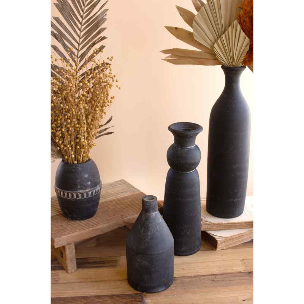 Set Of Five Modern Black Clay Vases Black