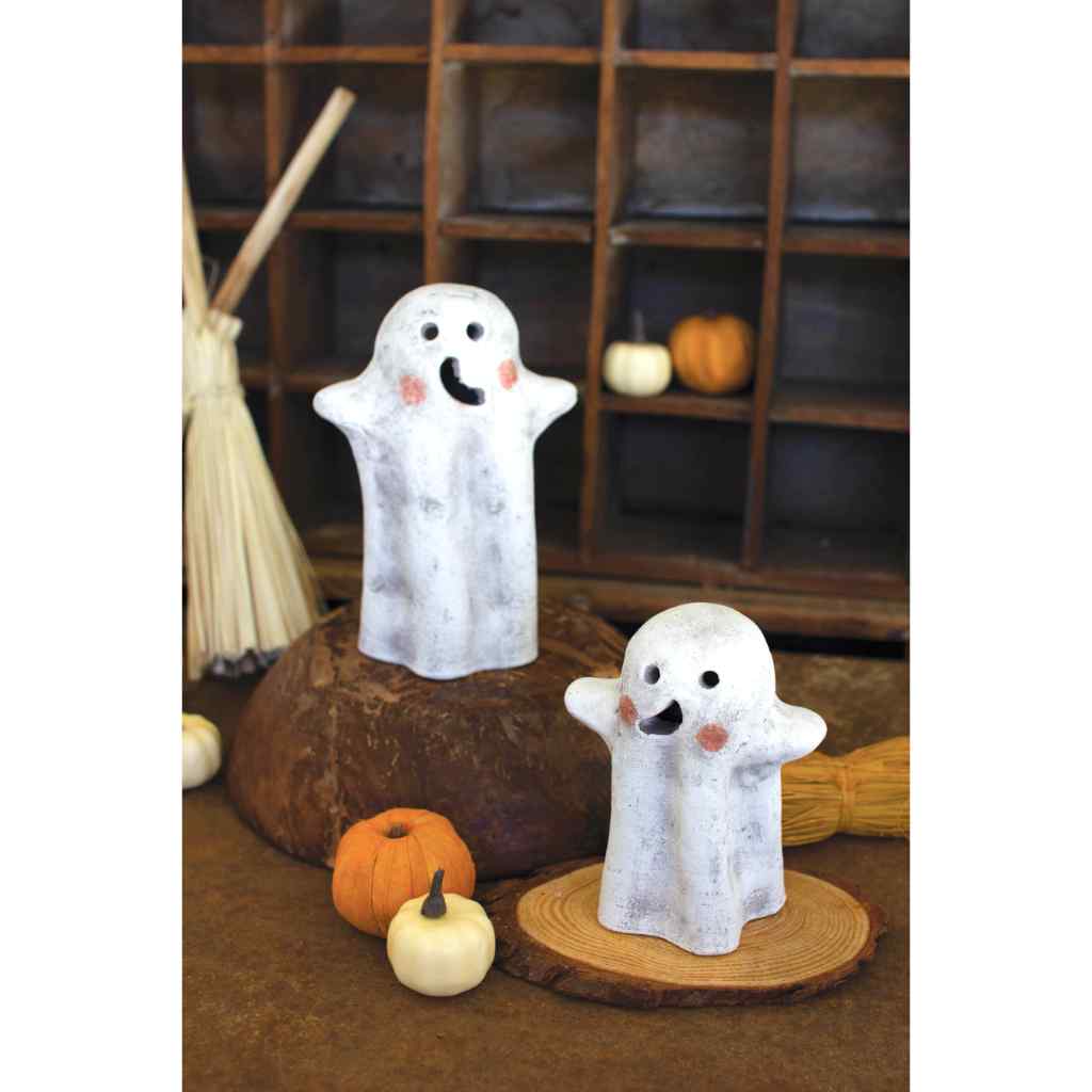 Set Of Two Tabletop Clay Ghost Lanterns White