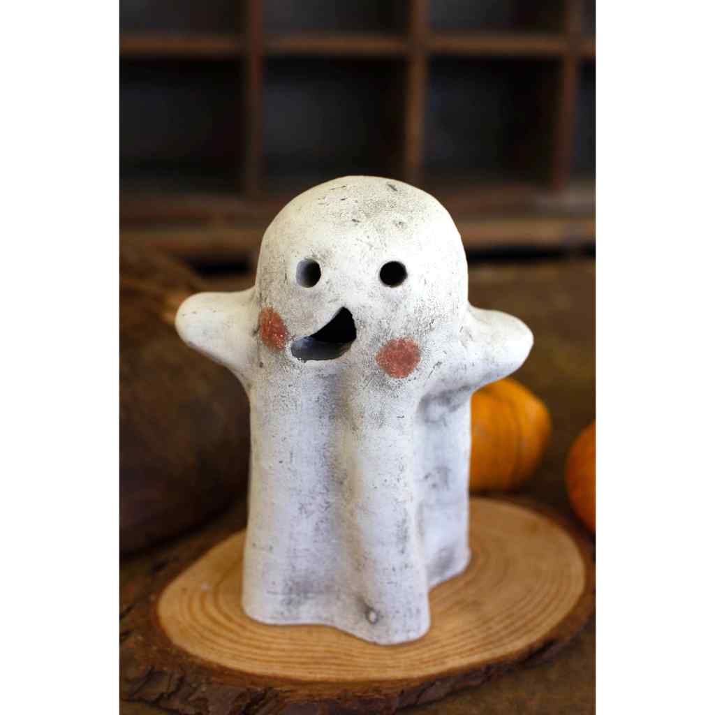 Set Of Two Tabletop Clay Ghost Lanterns White