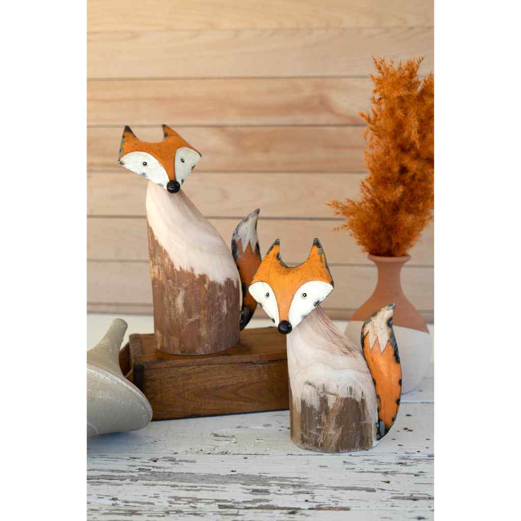 Set Of Two Recycled Wood And Iron Foxes Orange