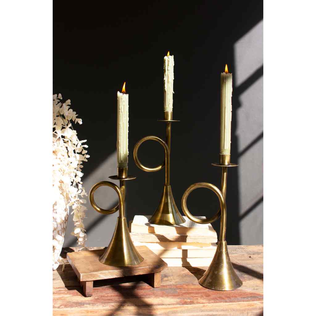 Set Of Three Antique Brass Trumpet Taper Candle Holders Gold
