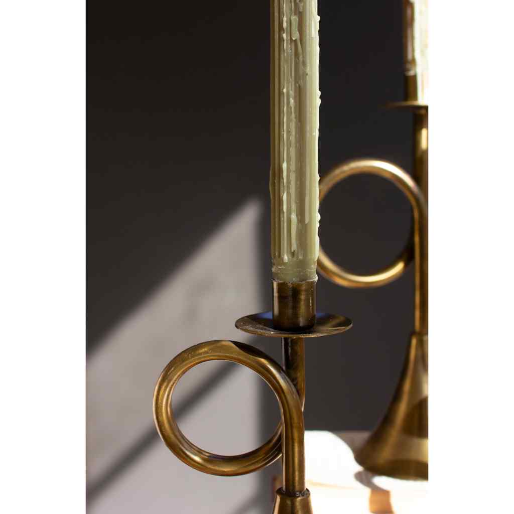 Set Of Three Antique Brass Trumpet Taper Candle Holders Gold