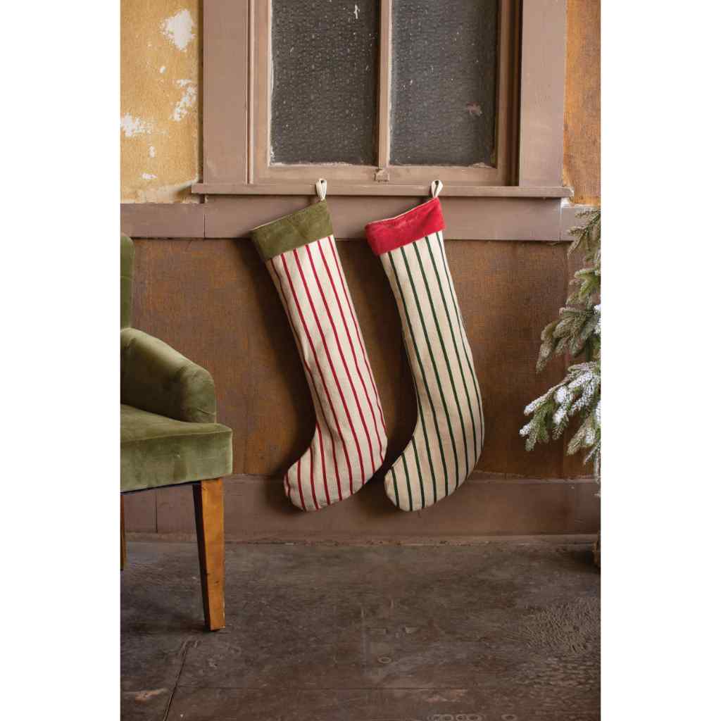 Set Of 2 Giant Striped Christmas Stockings W Velvet Collar Multi