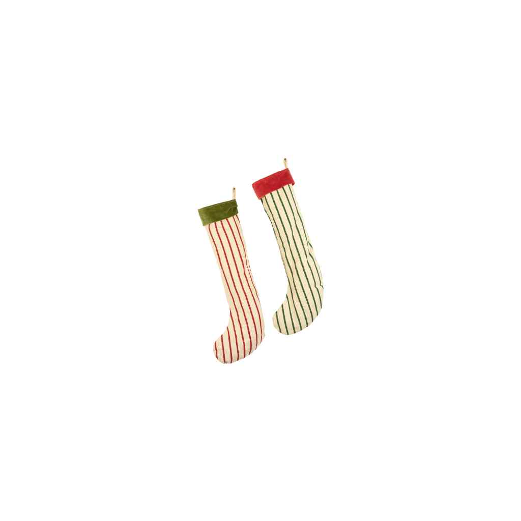 Set Of 2 Giant Striped Christmas Stockings W Velvet Collar Multi