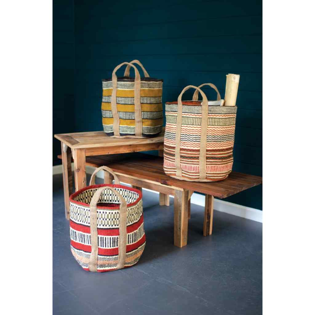 Set Of Three Multi-Colored Woven Jute Baskets With Handles Multi