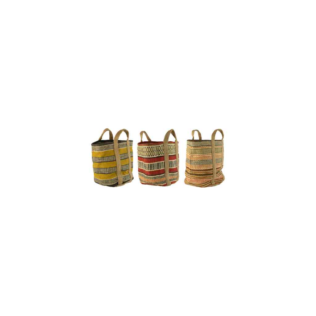 Set Of Three Multi-Colored Woven Jute Baskets With Handles Multi
