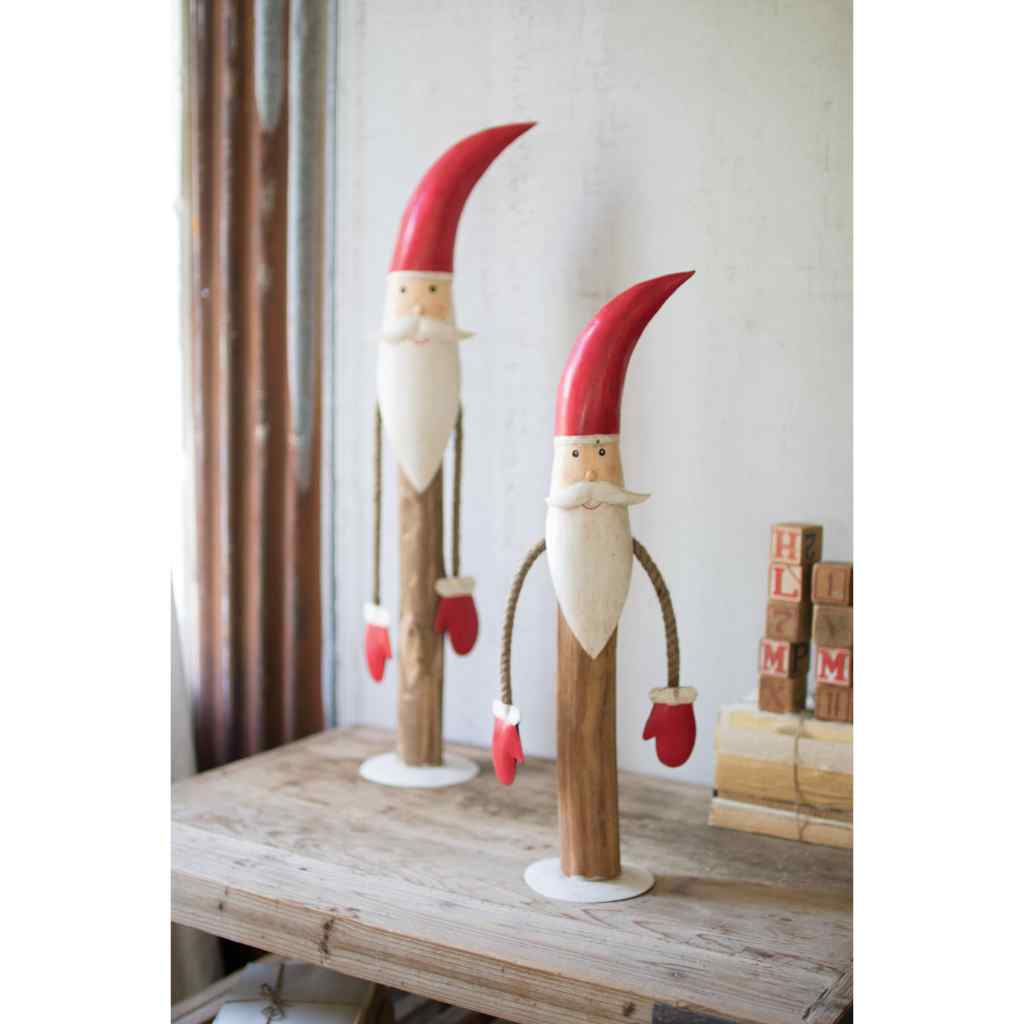 Set Of Two Painted Metal And Wood Santas Multi