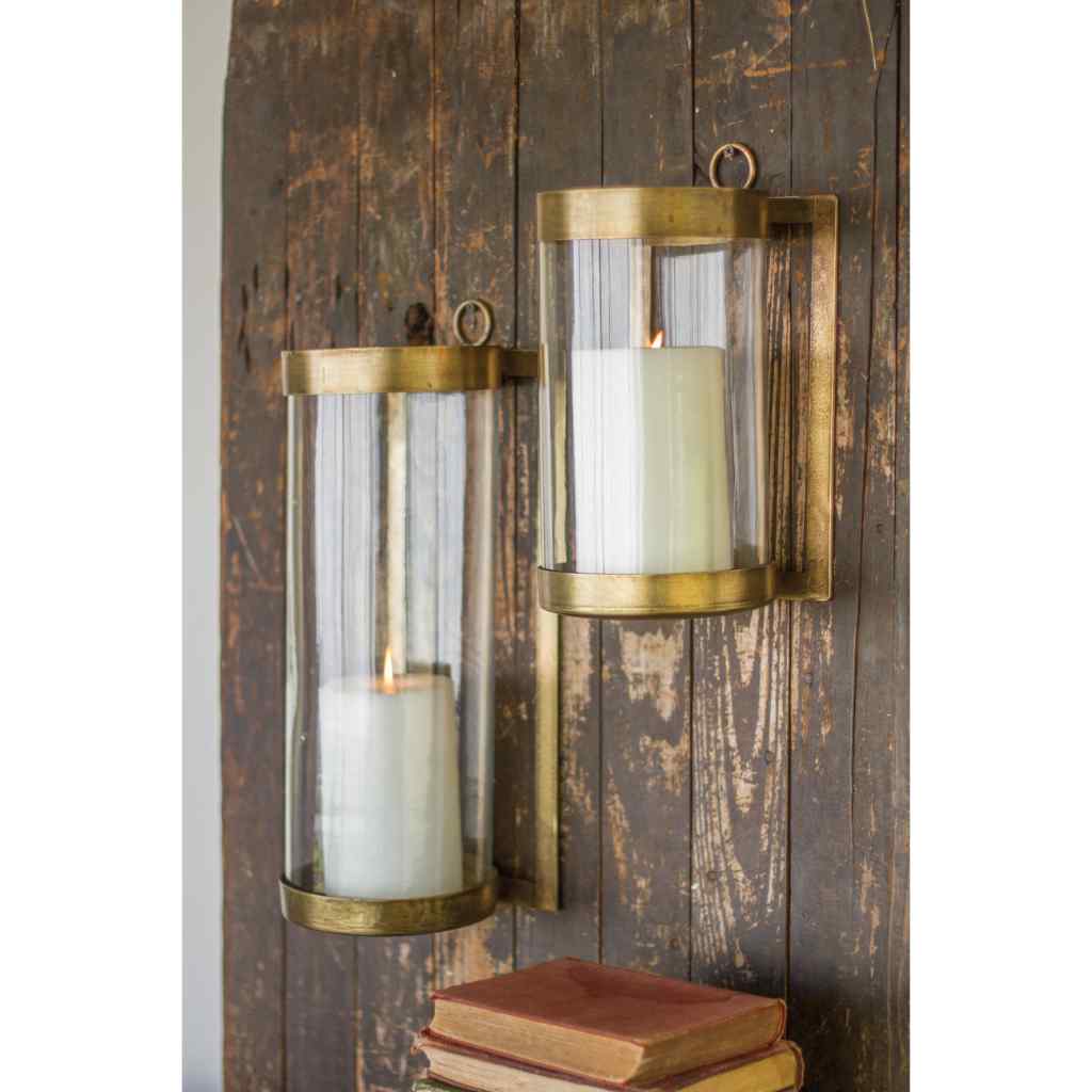 Glass & Brass Finish Wall Mounted Hurricane-Small Gold