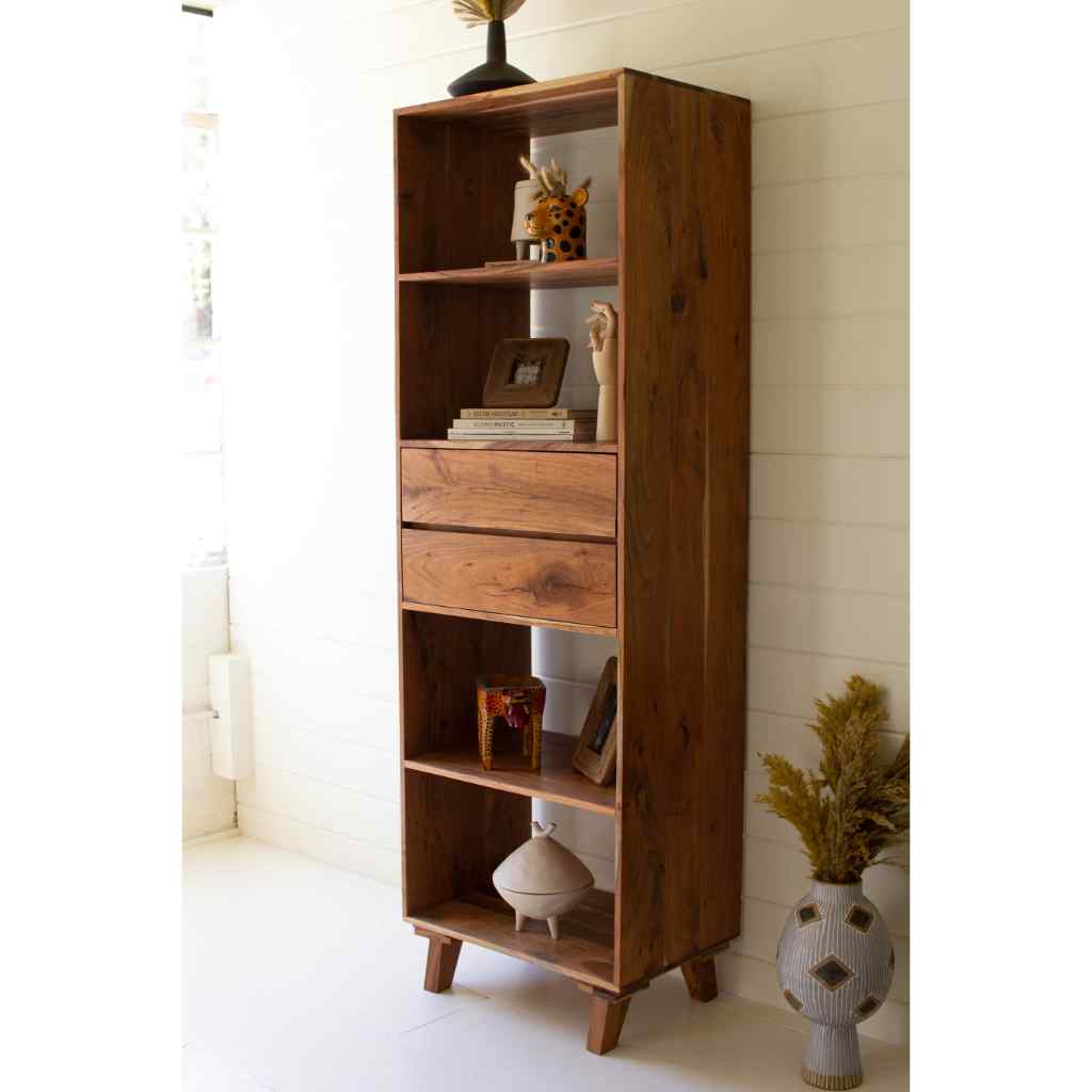 Tall Acacia Wood Cabinet With Two Drawers Brown