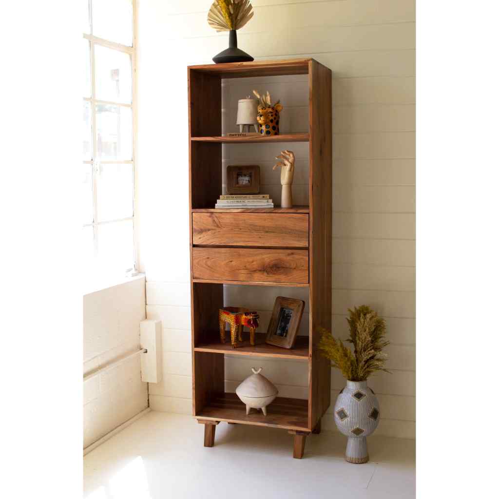Tall Acacia Wood Cabinet With Two Drawers Brown