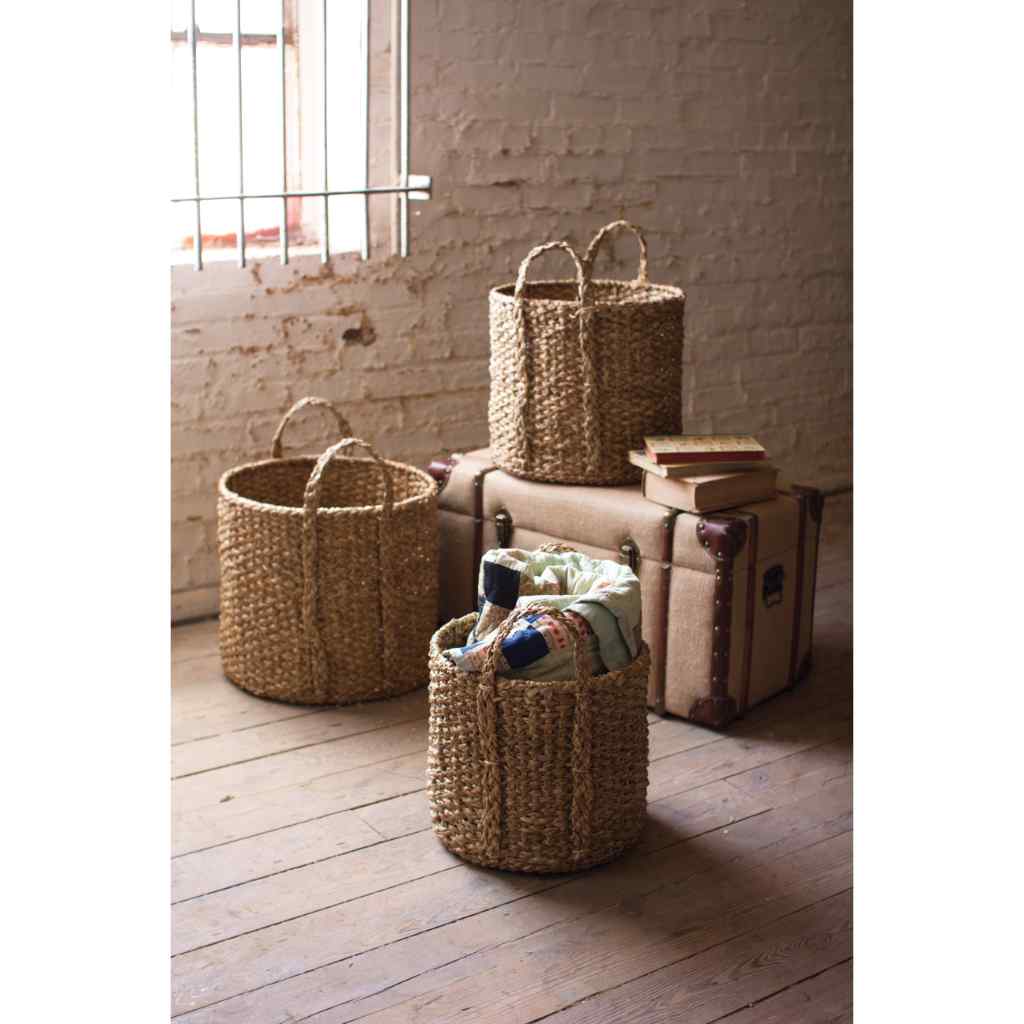Set Of 3 Round Braided Seagrass Storage Baskets W Handles Brown