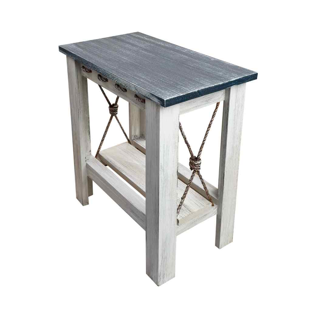 All Wood Side Table With Slat Shelf And Knotted Rope Accent - Weathered Navy Cottage/Weathered Navy