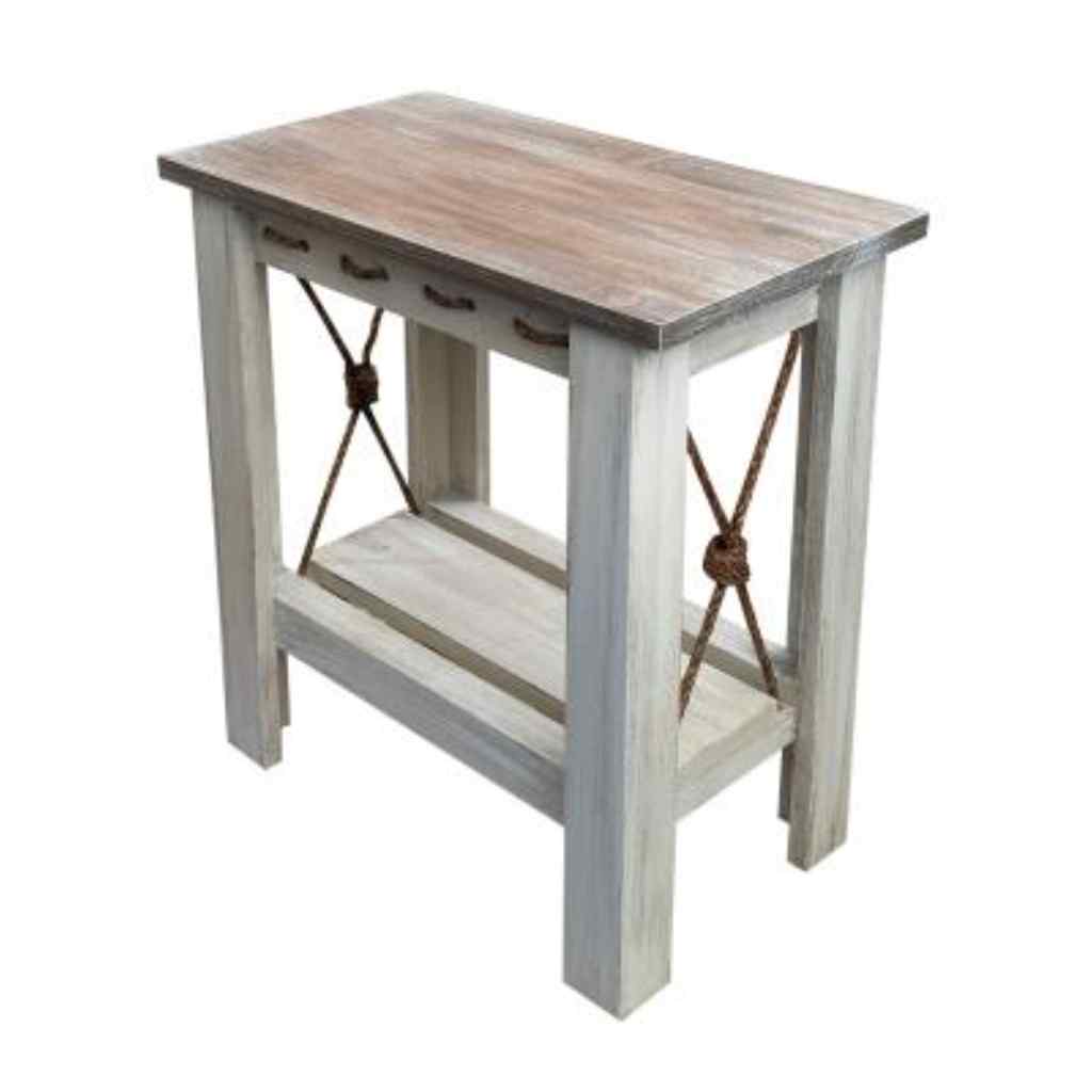 All Wood Side Table With Slat Shelf And Knotted Rope Accent Cottage/Weathered Grey Stain
