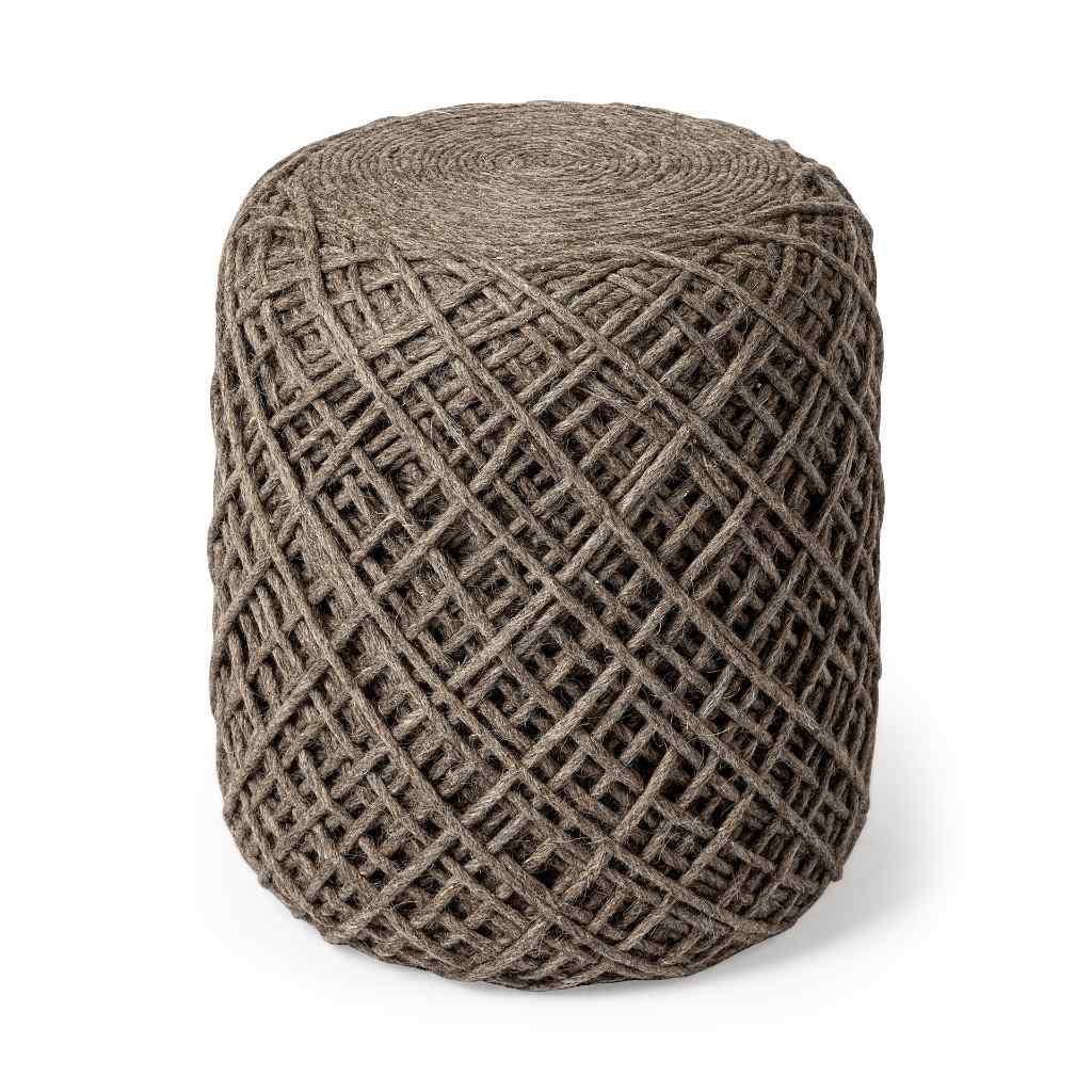 Allium Dark Brown Handwoven Wool Cylindrical Pouf Brown