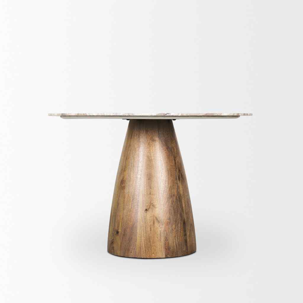 Allyson 42in Round Brown Wood Pedestal W- Pink Marble Top Dining Table Brown