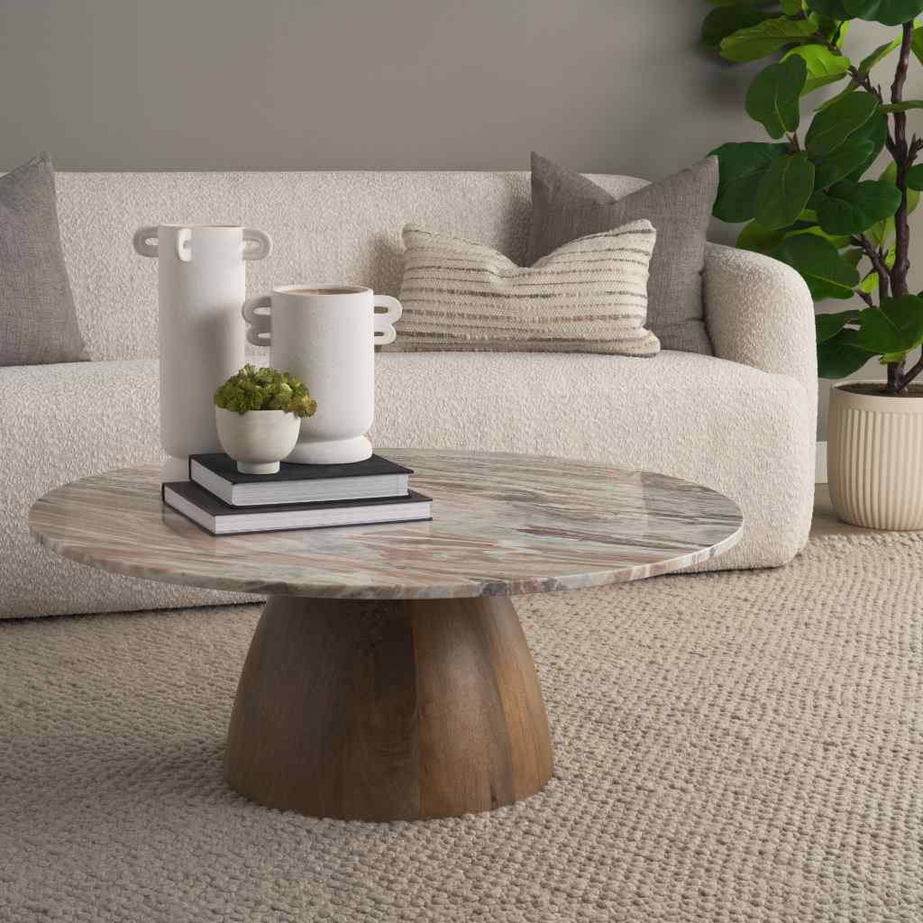 Allyson Round Brown Pedestal W- Pink Marble Top Coffee Table Brown