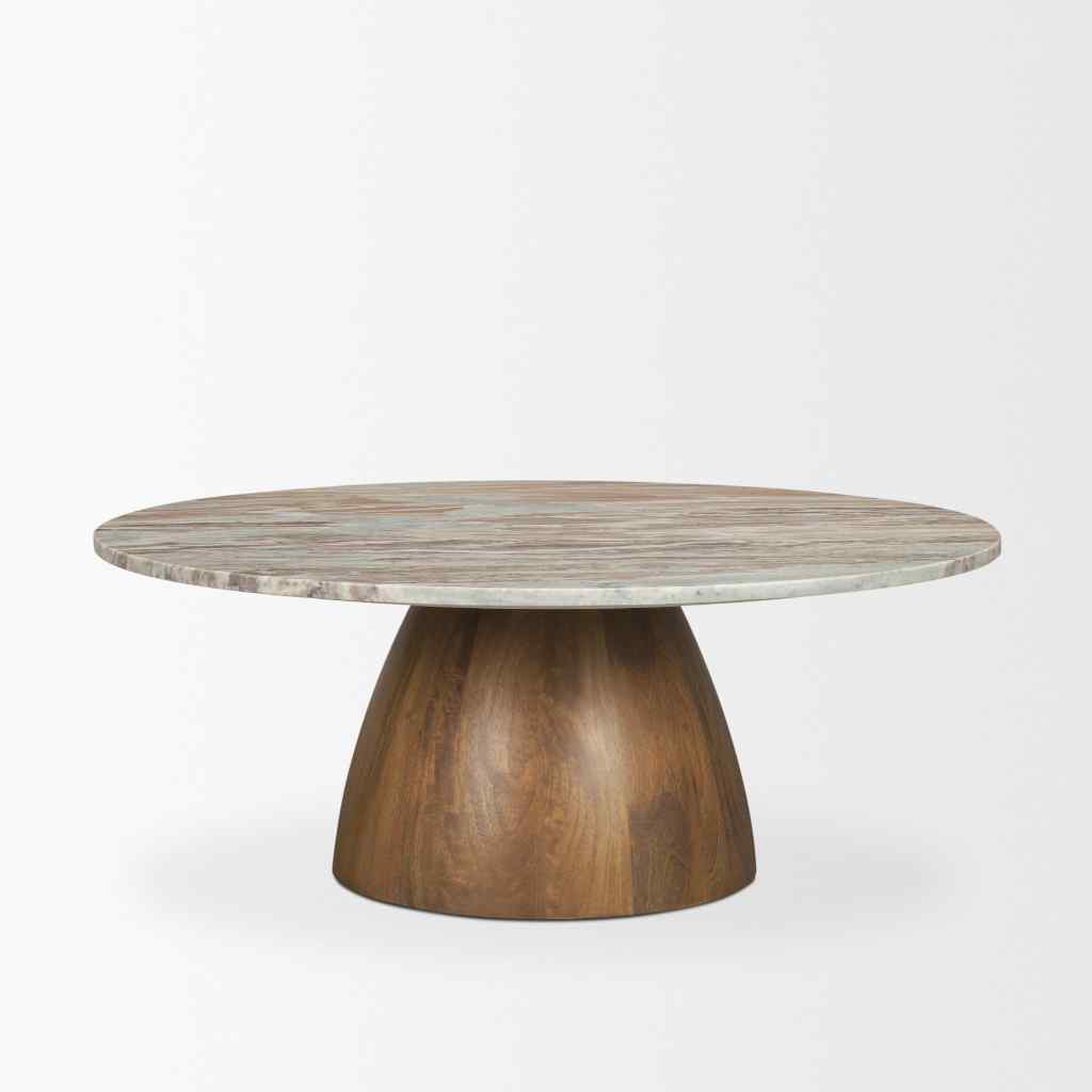 Allyson Round Brown Pedestal W- Pink Marble Top Coffee Table Brown