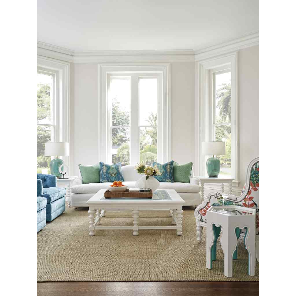 Athos Sofa W- Pewter Casters - Barclay Butera Upholstery White with Blue Pillows