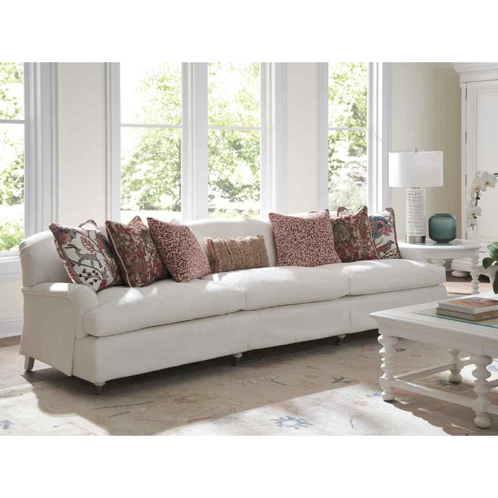 Athos Sofa W- Pewter Casters - Barclay Butera Upholstery White with Red Pillows