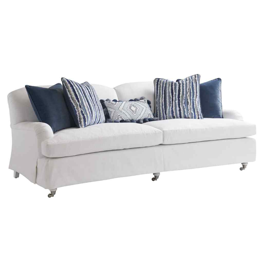Athos Tight Back Sofa W-Pewter - Barclay Butera Upholstery White with Blue Pillows