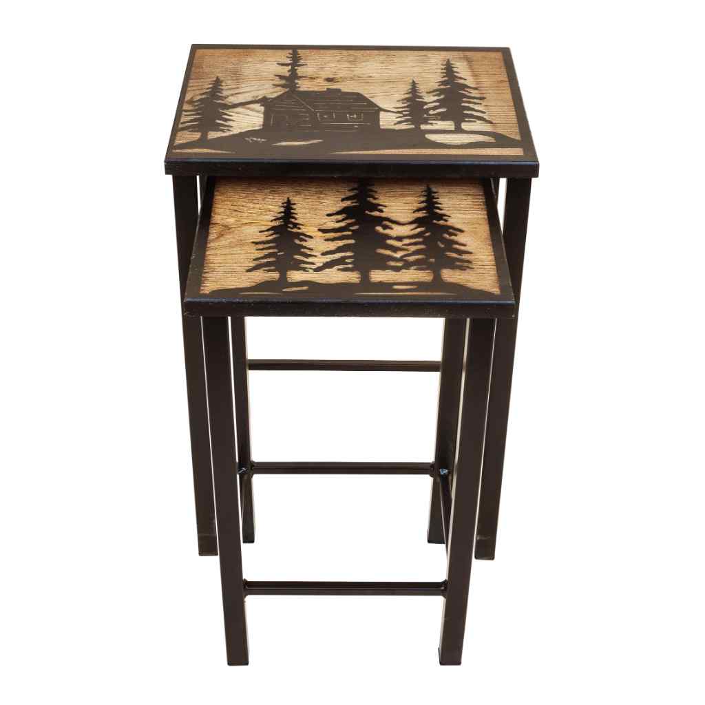 Black-Stain Nesting Iron-Wood Drink Tables With Cabin And Trees Accent Black/ (Stain/Black Accent)