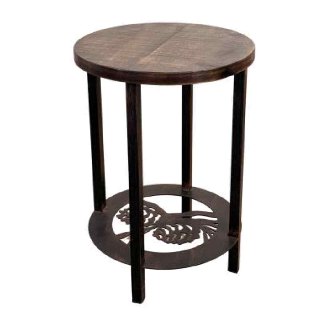 Burnt Sienna Round End Table With Pine Cone Accent And Rough Sawn Top Burnt Sienna/Rough Stain