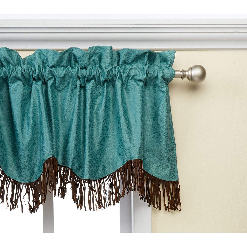 Details of Cheyenne Turquoise Leather Kitchen Valance w/ Fringe from HiEnd Accents