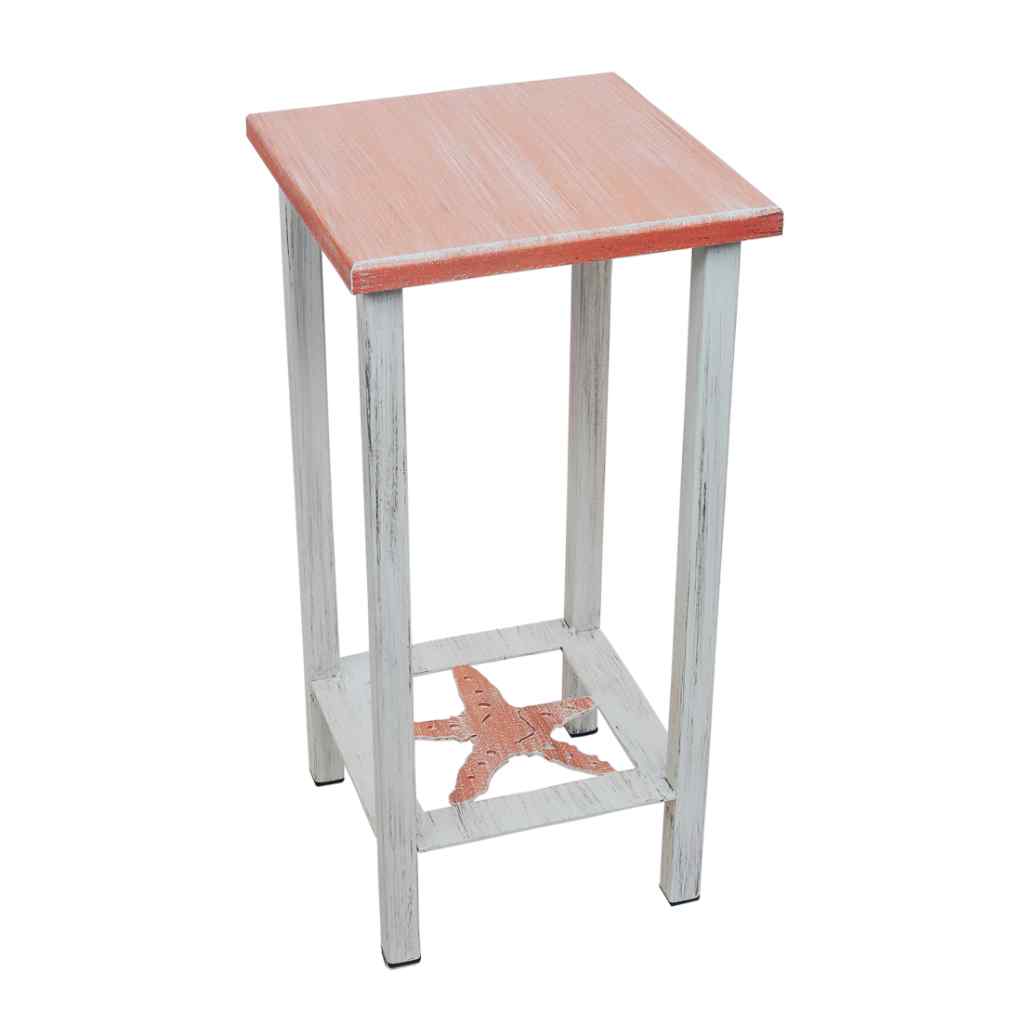 Cottage-Coral Square Iron Drink Table With Starfish Accent And Wood Top Cottage/Coral
