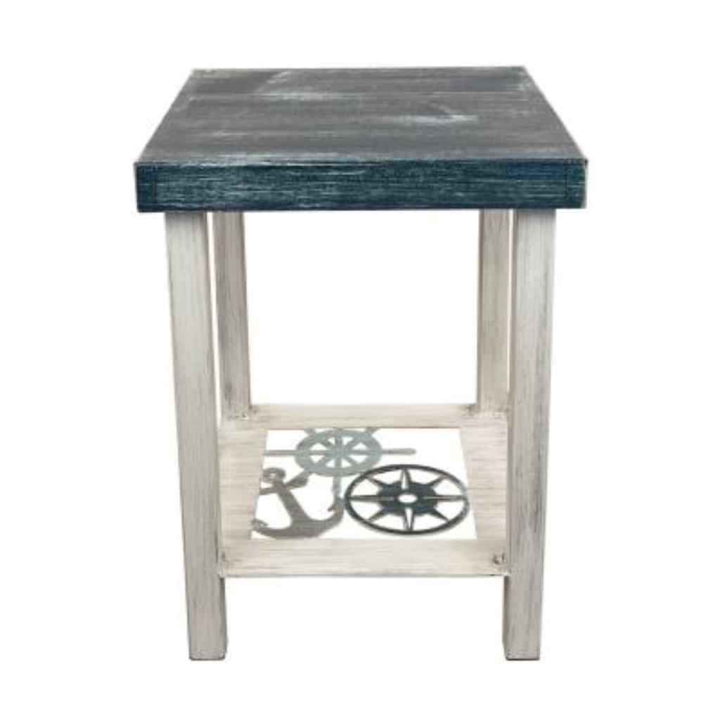 Cottage-Nautical Square Iron End Table With Nautical Scene Accent And Wood Top Cottage/Nautical (Wnv)