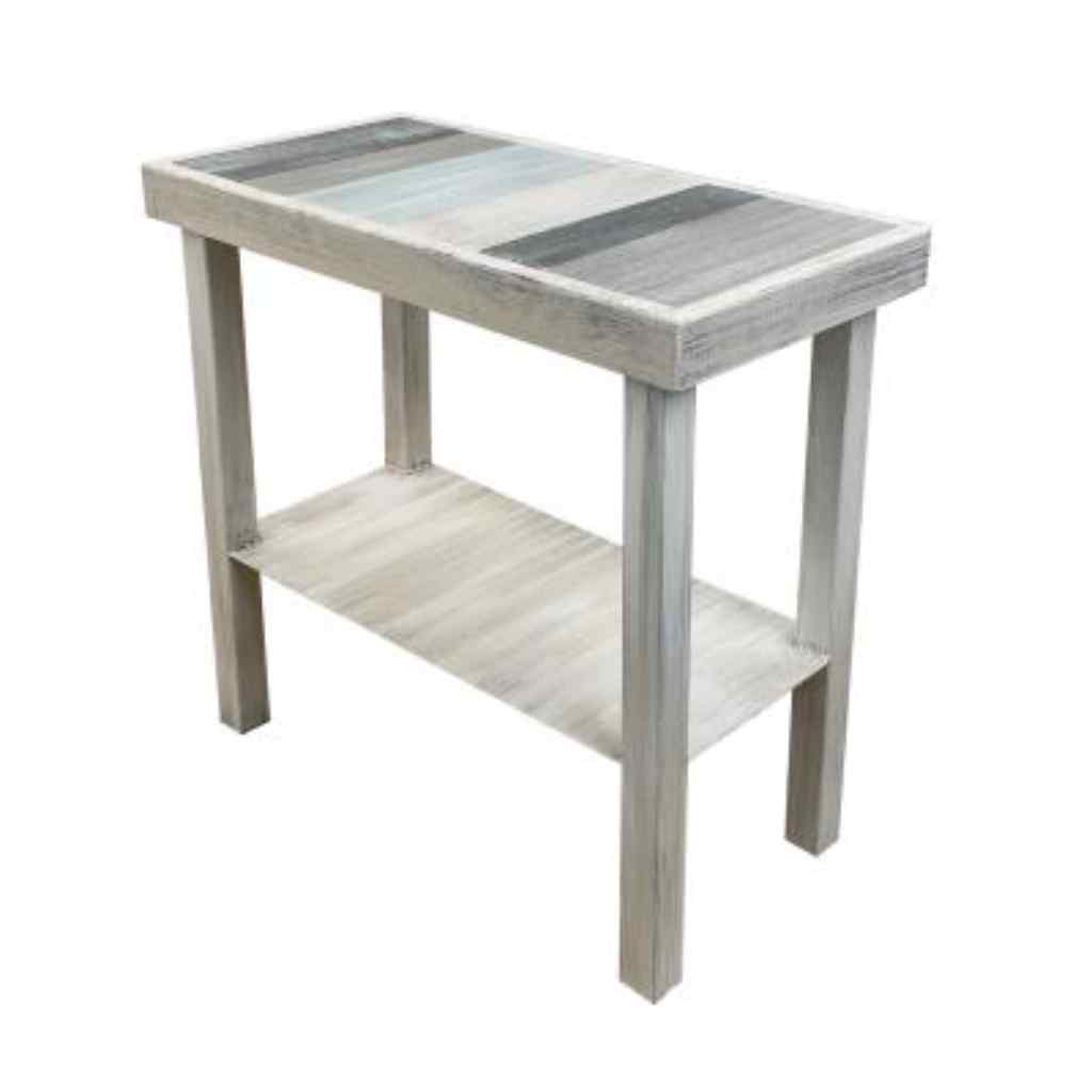 Cottage-Nautical Stripe Iron Rectangle End Table With Wooden Top And Shelf Cottage/Nautical Stripe
