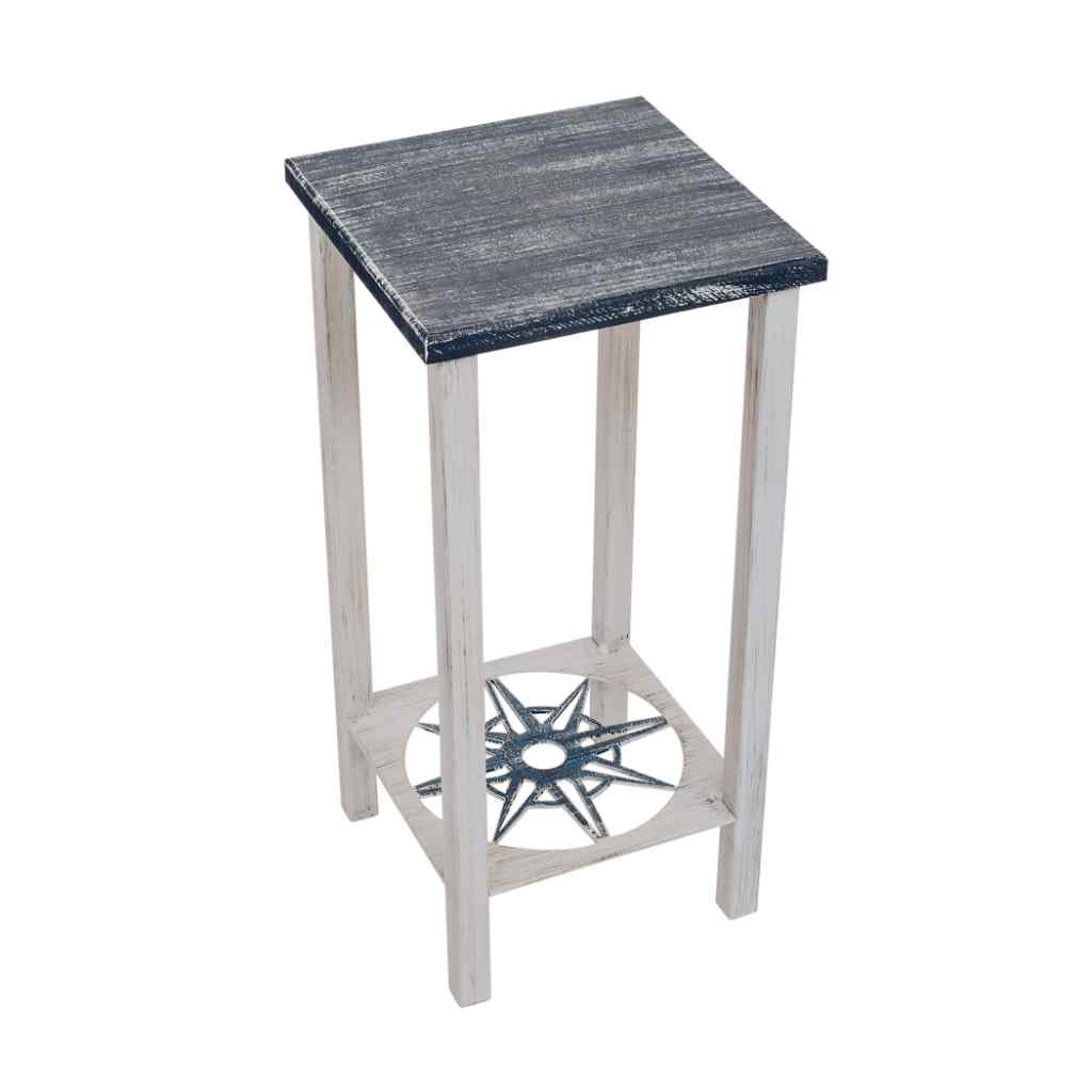 Cottage-Navy Square Iron Drink Table With Nautical Compass Accent And Wood Top Cottage/Navy