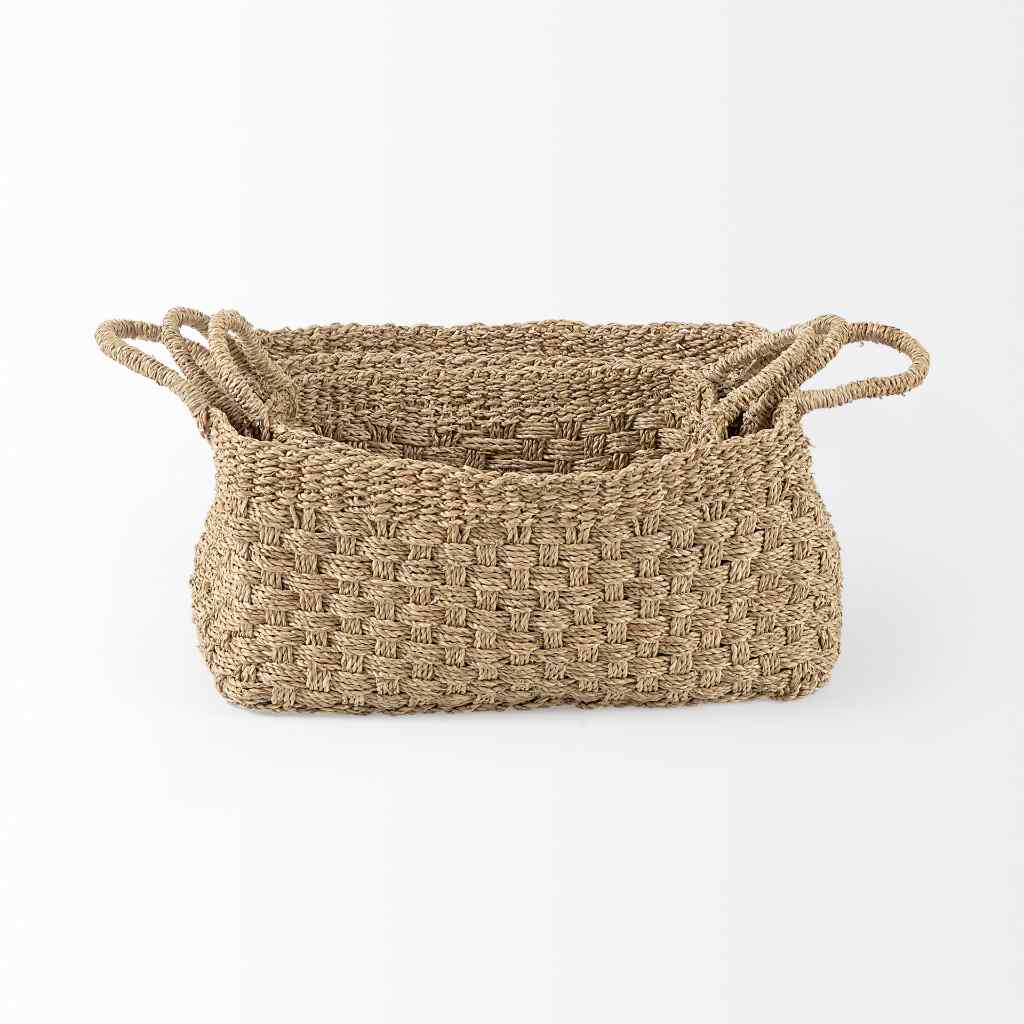Emra 17.3L X 11.8W X 7.9H (Set Of 3) Light Brown Seagrass Rectangular Basket W- Handles Brown