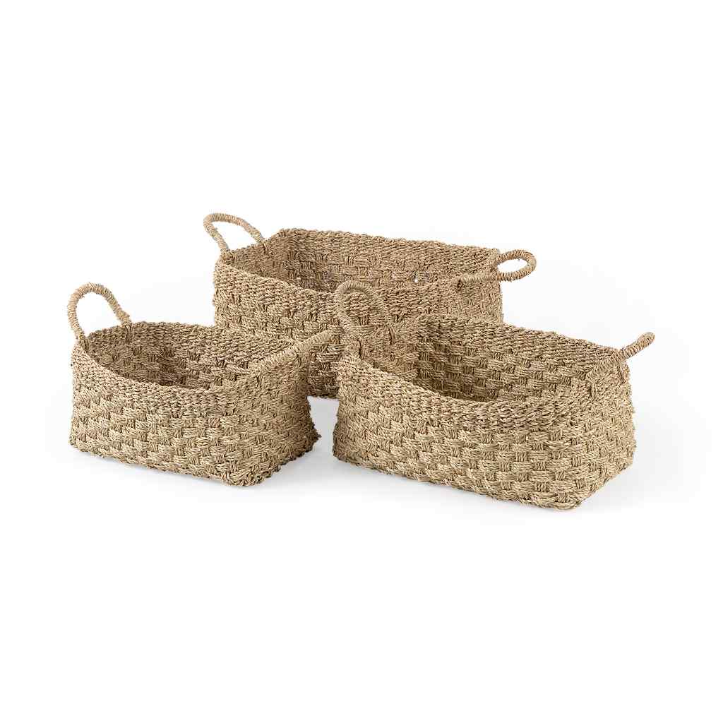 Emra 17.3L X 11.8W X 7.9H (Set Of 3) Light Brown Seagrass Rectangular Basket W- Handles Brown