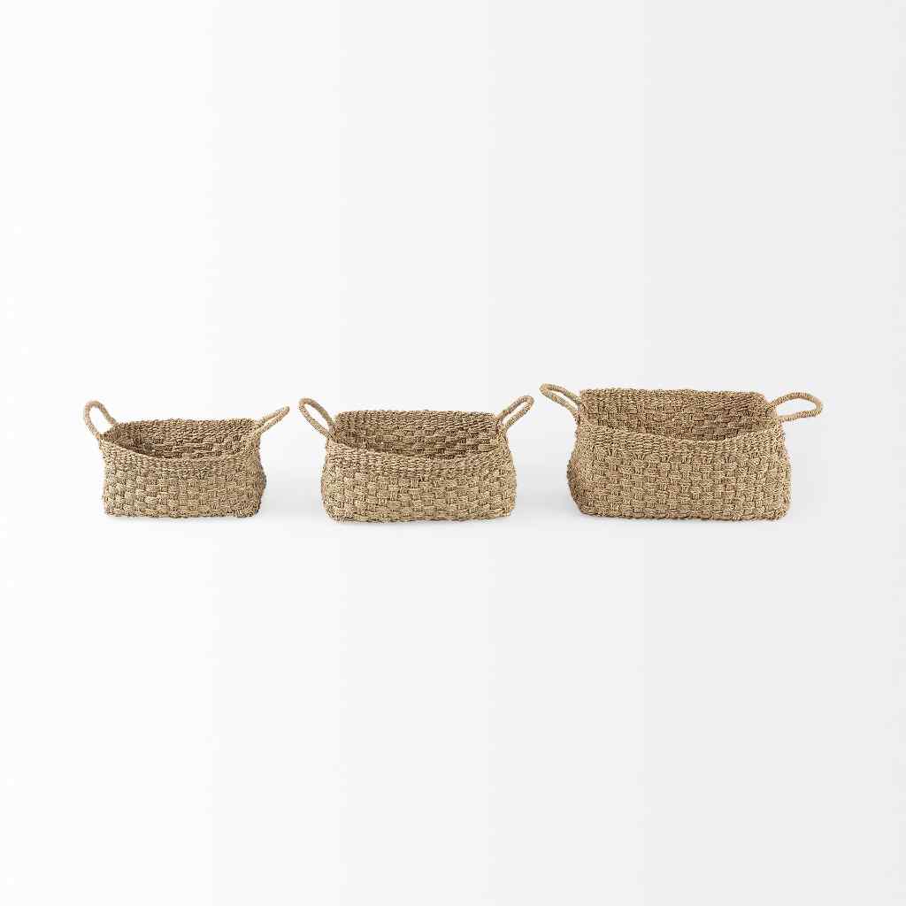 Emra 17.3L X 11.8W X 7.9H (Set Of 3) Light Brown Seagrass Rectangular Basket W- Handles Brown
