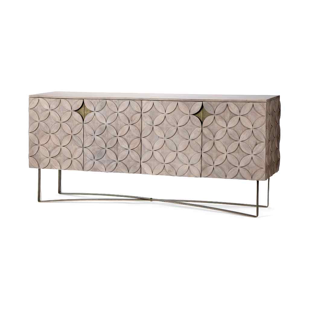 Excelsior I (72X18.3) Solid Wood Gold Metal Base 4 Cabinet Door Sideboard Brown