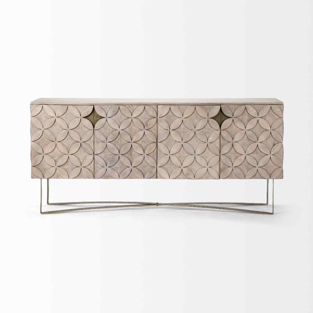 Excelsior I (72X18.3) Solid Wood Gold Metal Base 4 Cabinet Door Sideboard Brown