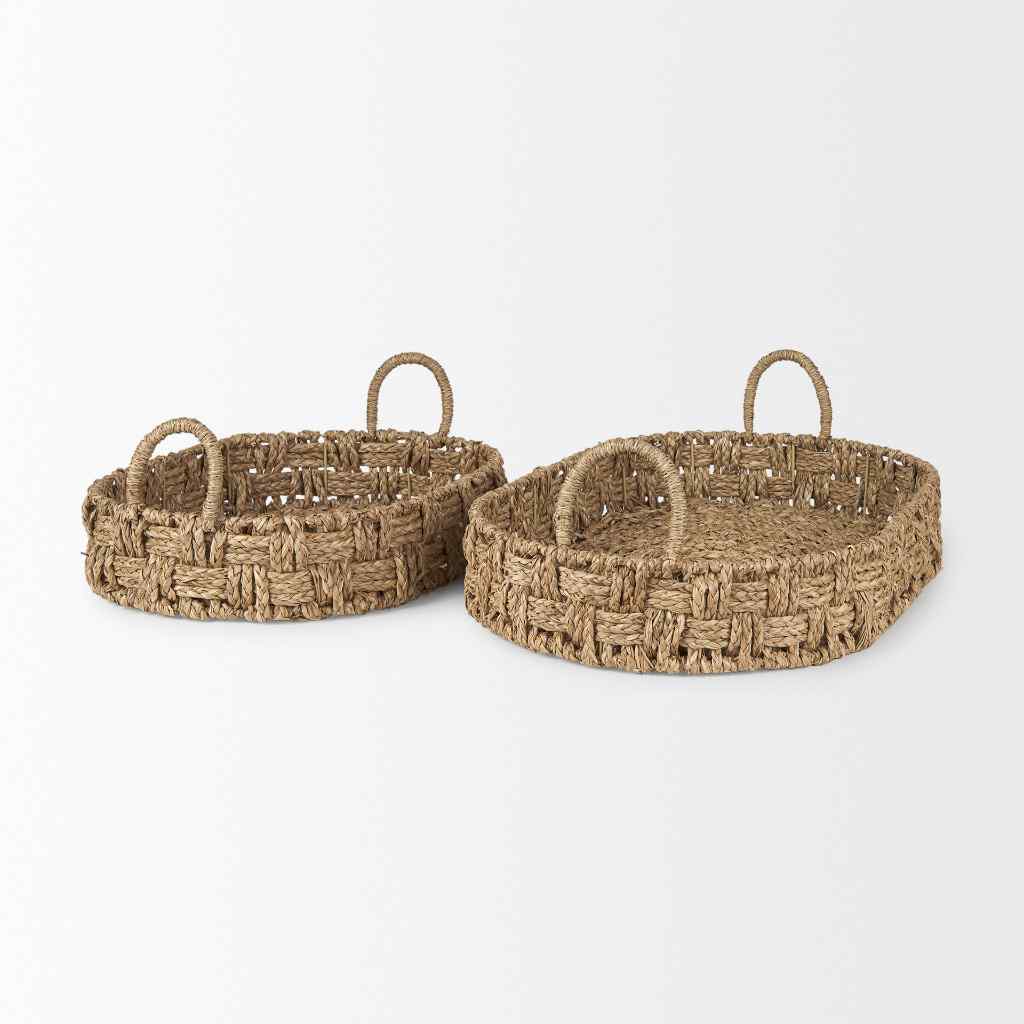 Haini Set Of 2 Large Basketweave Seagrass Trays W- Loop Handles Brown