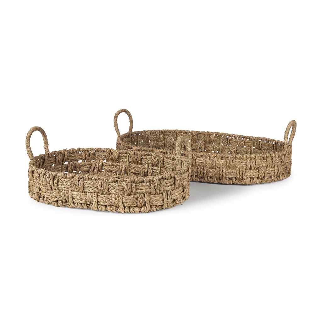 Haini Set Of 2 Large Basketweave Seagrass Trays W- Loop Handles Brown