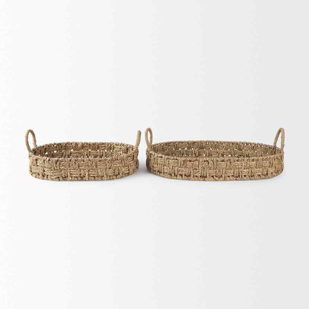 Haini Set Of 2 Large Basketweave Seagrass Trays W- Loop Handles Brown
