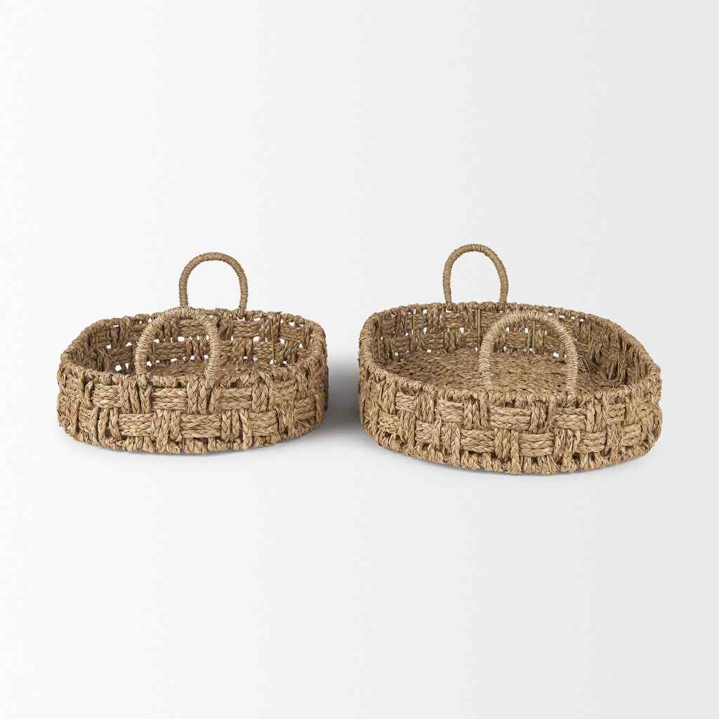 Haini Set Of 2 Large Basketweave Seagrass Trays W- Loop Handles Brown