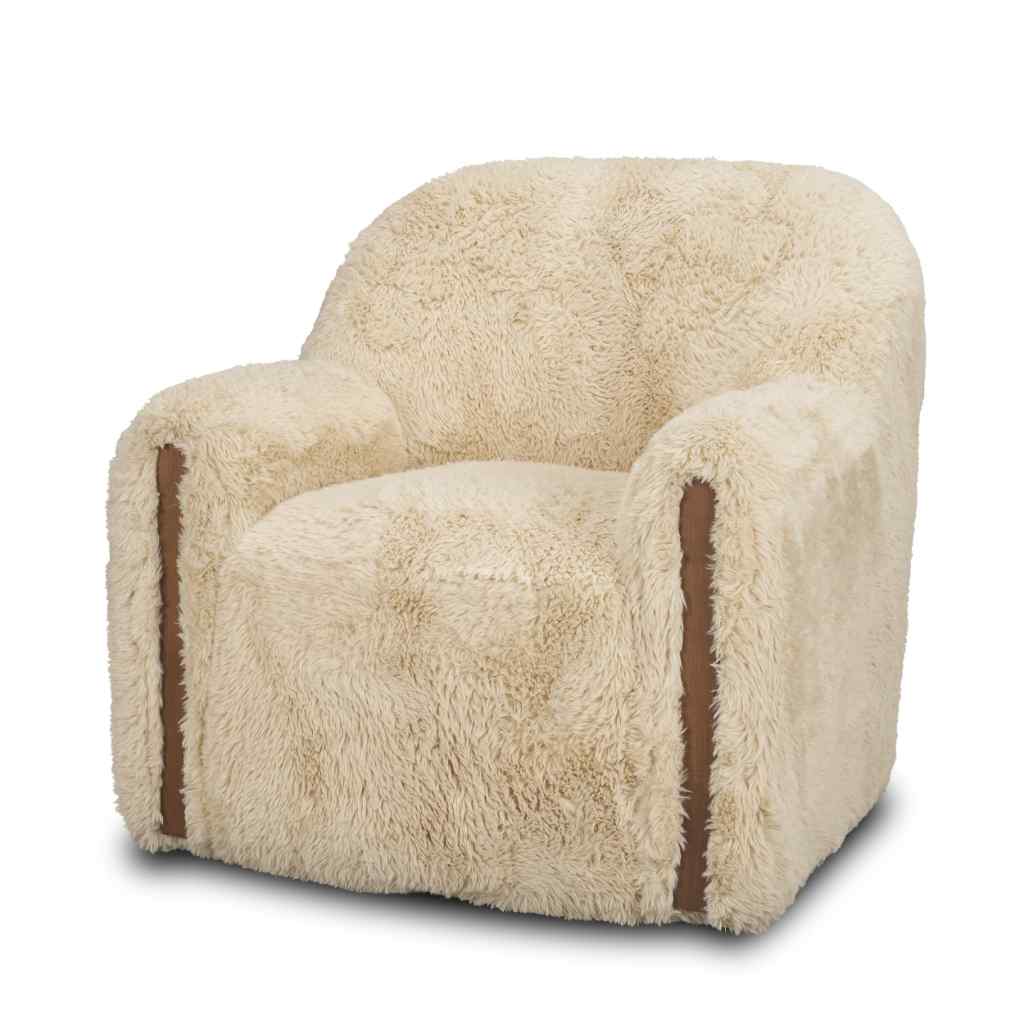 Huntley Cream Faux Fur Fabric Swivel Accent Chair Cream