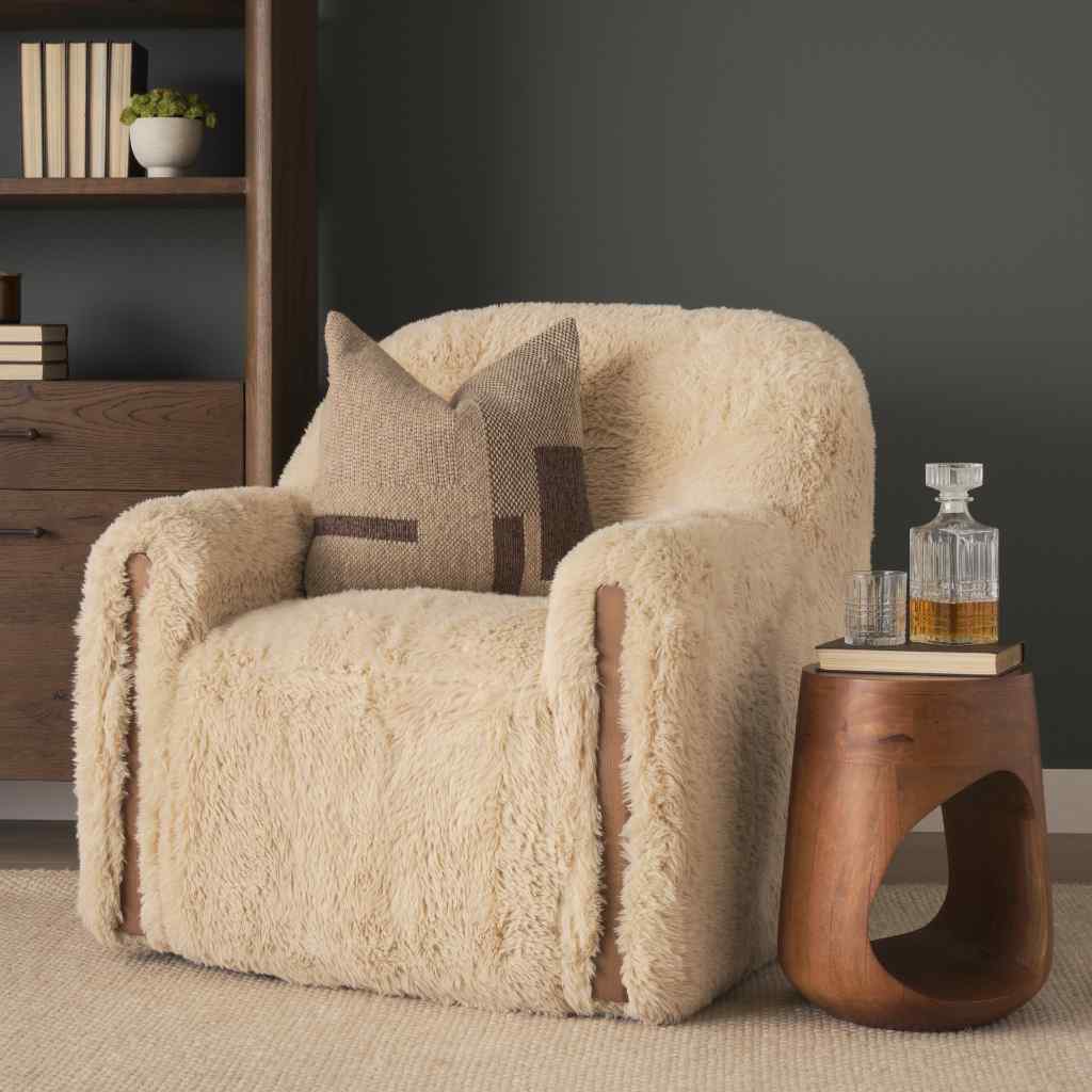 Huntley Cream Faux Fur Fabric Swivel Accent Chair Cream